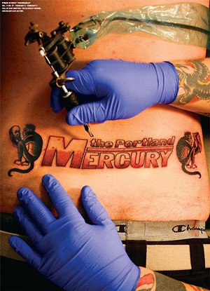 Man Tattoos Portland Mercury Logo On Self